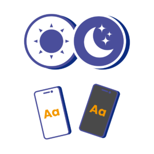 Illustration som visar ljust och mörktläge, med två ikoner och två mobiltelefoner.