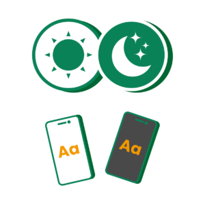 Illustration som visar ljust och mörktläge, med två ikoner och två mobiltelefoner.